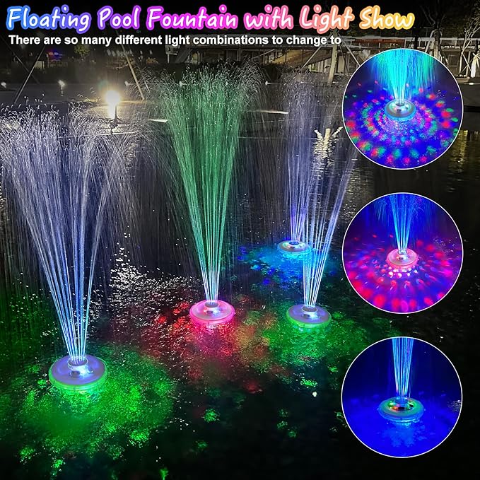 Floating Water Fountain with Underwater Lights, Powered Pump Outdoor, 2 Modes Sprinkler Waterfall Fountain for Inground Above Ground Pool, Pond-Light White-1PC