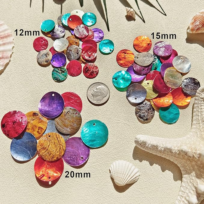 Firstmeet Shell Beads 150pcs Natural 15mm Flat Round Mussel Shell Coin Drop Charm Beads with Iridescent Back for Handcraft Jewelry Making(DIY-1023-Nature-15)