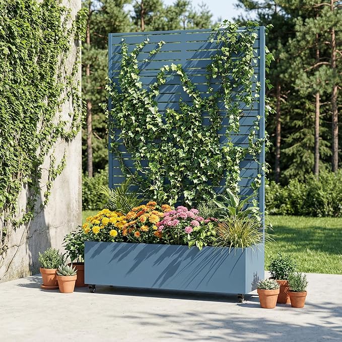 Casaphoria Metal Raised Garden Bed with Trellis and Wheels, 72"x47"x16" Planter Box for Climbing Plants, Vegetables & Vines, Features Drainage Holes and Privacy Screen, Blue-Louvered