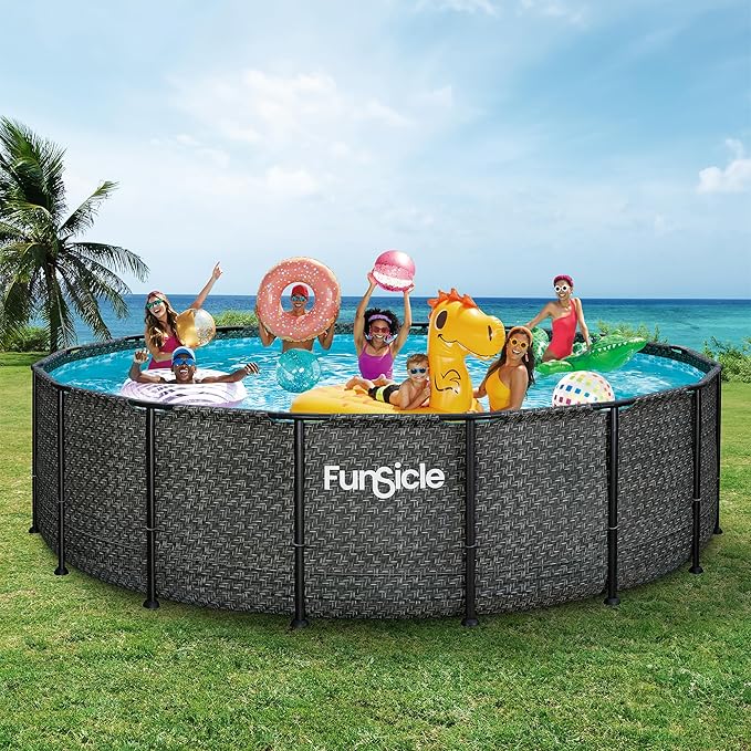 Funsicle Oasis Designer 16' x 48" Round Above Ground Swimming Pool, With FiltraBoost 1800 GPH Filter Pump With AutoSkimmer, Pump, Ladder, Deluxe Maintenance Kit, Cover & Ground Cloth, Dark Herringbone
