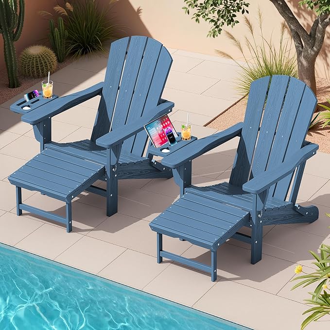 KINGYES Adjustable Folding Adirondack Chair with Footrest & 4-in-1 Multi-Functional Armrest Organizer, HDPE Foldable Recliner Adirondack Chair with Pull-Out Ottoman, Blue