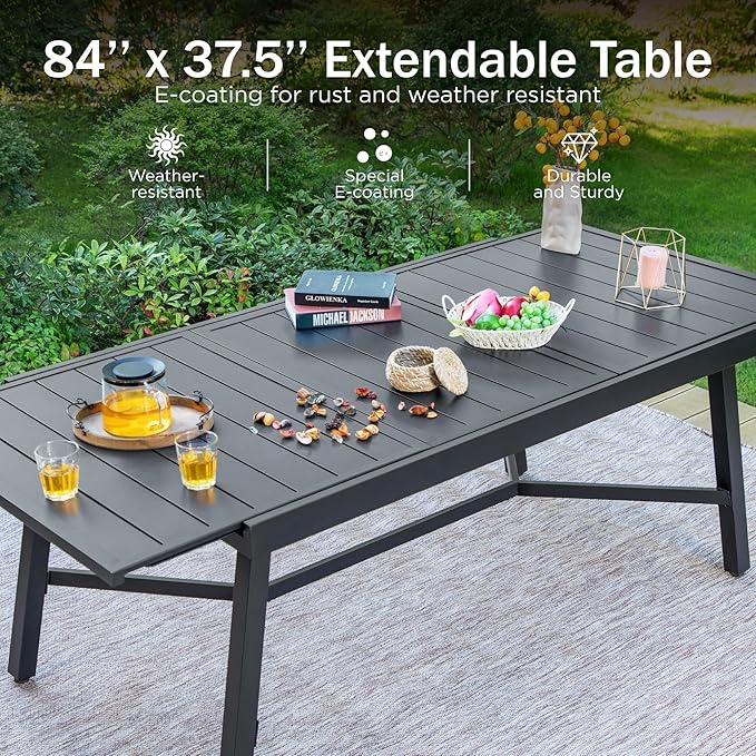PHI VILLA 9 Pieces Outdoor Dining Set for 8, 84" Long Expandable Metal Table & Stackable Wrought Iron Chairs, Large Furniture Set for Patio, Deck, Yard, Porch - Black