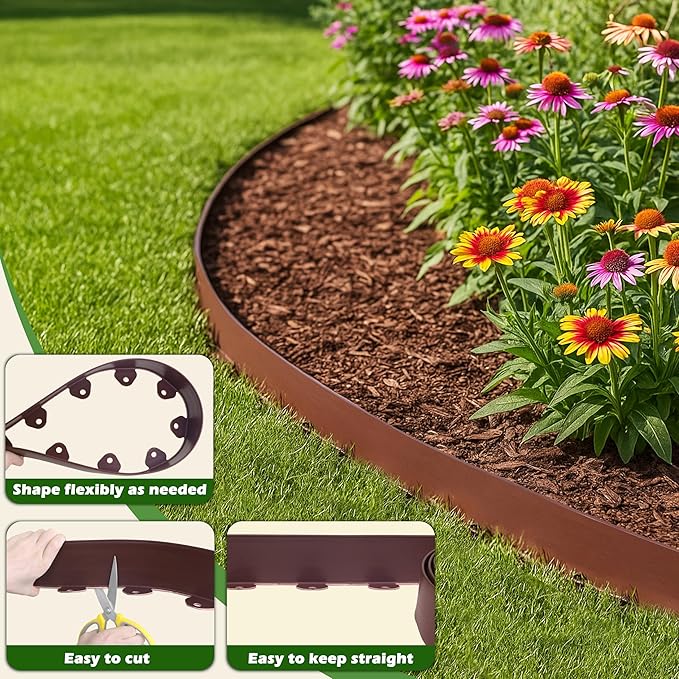 Gardzen Landscape Edging Kit, 40-Foot Long, 3-Inch Tall, No Dig Garden Edging Border for Flower Beds, Tree Rings, Pathways, Includes 40 Spikes, Brown