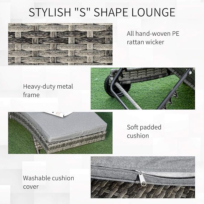 Outsunny Wicker Chaise Lounge Chair Outdoor PE Rattan Cushioned Patio Sun Lounger with 5-Level Adjustable Backrest & Wheels for Easy Movement, Mixed Gray