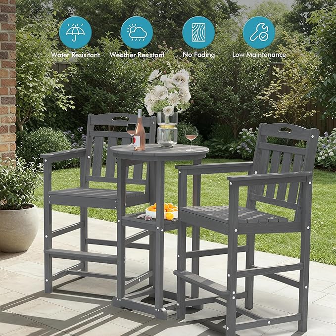 Ciokea Set of 2 Outdoor Tall Bar Chairs, 27" Bar Height Patio Stools with Arms & High Back, Heavy Duty All-Weather Adirondack Tall Chairs for Balcony, Poolside, Deck and Garden, Grey