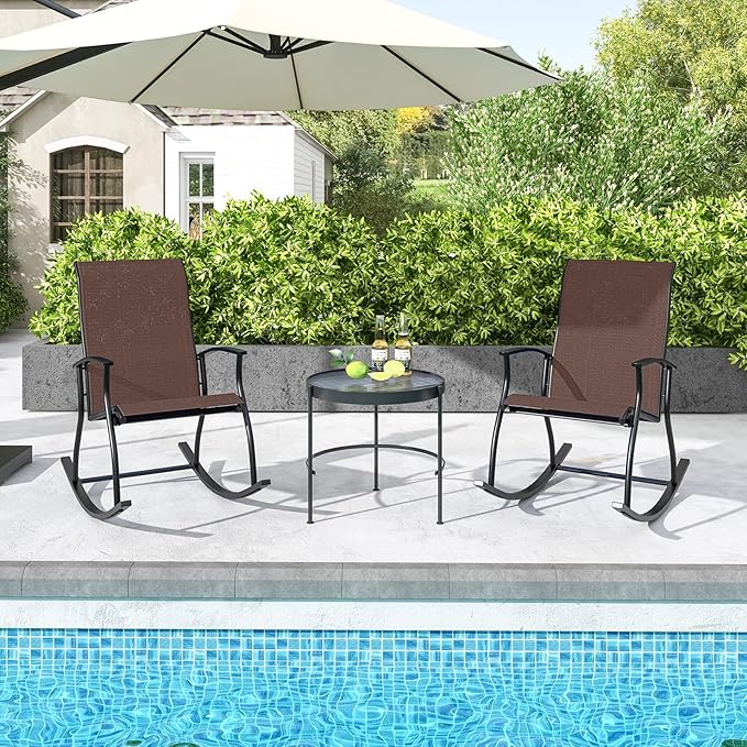 Giantex Outdoor Rocking Chair Set of 4 - Patio Rocking Chairs w/Breathable Backrest, Sturdy Metal Frame & Safe Ergonomic Design, Cozy Fabric Rocker for Backyard, Poolside, 330 lbs, Brown
