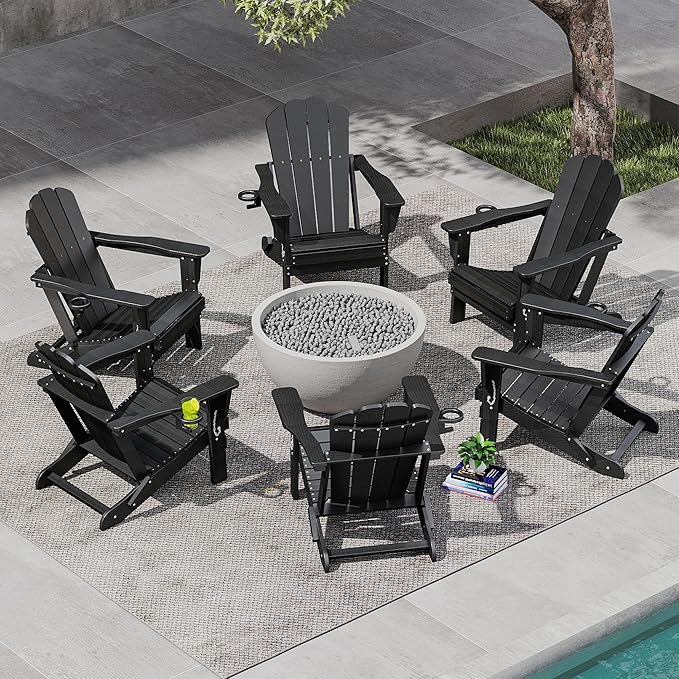 Domi Folding Adirondack Chairs Set of 6, HDPE All-Weather Outdoor Chairs with Cup Holder, Wooden Textured Fire Pit Chairs for Backyard, Patio, Poolside & Deck, Black