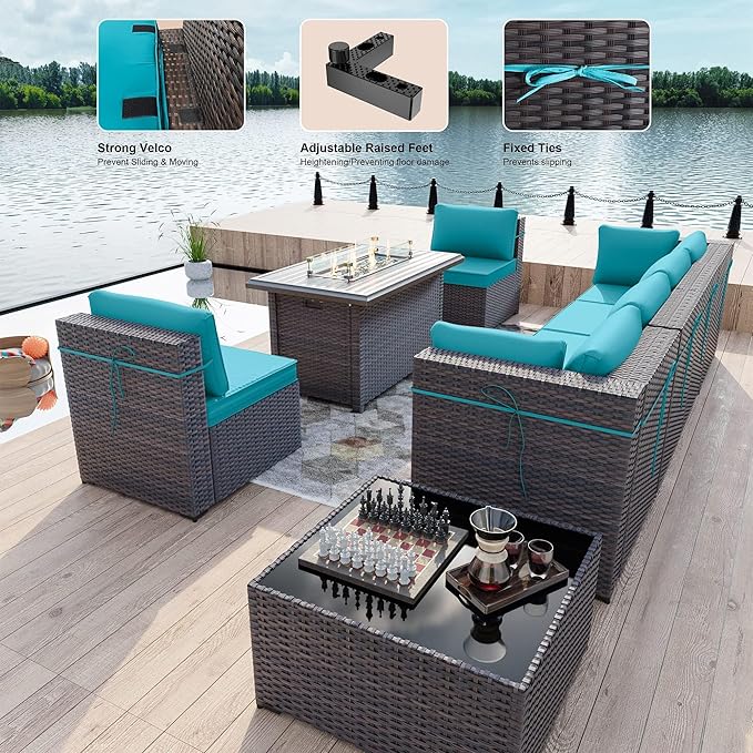 Kullavik 8 Pieces Outdoor Patio Furniture Set with 43" Gas Propane Fire Pit Table PE Wicker Rattan Sectional Sofa Patio Conversation Sets,Blue