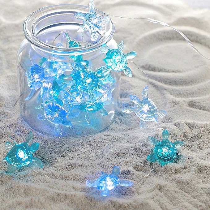 Blue Sea Turtle String Lights Battery Powered Summer Beach Decor with Remote Acrylic Sea Turtle Decor for Bathroom Shower Curtain