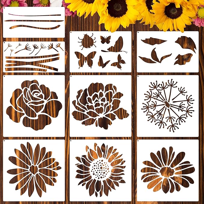 CeeVian Large Flower Stencils for Walls 10 Pieces Floral Templates Drawing Patterns Reusable Flower Stencil Wildflower Stencils for Outdoors Garden Wood Wall Paper Furniture Fabrics DIY Decor