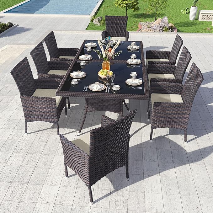 Kullavik 10-Piece Outdoor Dining Set Patio Rattan Furniture Set,Patio Dining Table and Chairs Set with 8 Chairs and Cushions,Square Glass Tabletop with Umbrella Hole for Patio,Sand