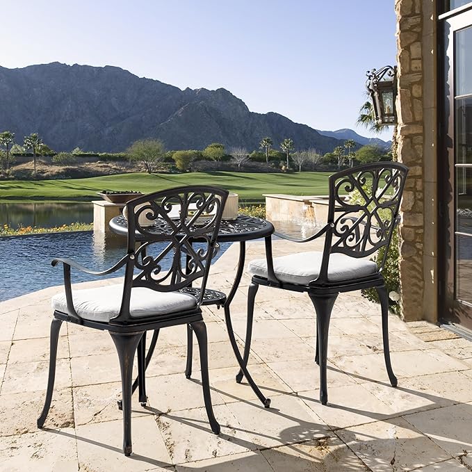 NUU GARDEN Bistro Set 3 Piece Outdoor Cast Aluminum Patio Table and Chairs Set of 2 with Umbrella Hole and Grey Cushions for Backyard, Balcony, Lawn, Black