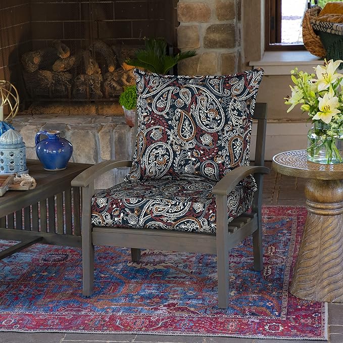 Arden Outdoor Foam Deep Seat Cushion Set, 24 in x 24 in, Weather-Proof, Rain-Proof, Fade Resistant Patio Cushion, Bottom and Back Cushion for Chair, Sofa, and Couch Navy Palmira Paisley