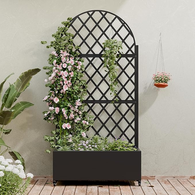 Casaphoria Metal Raised Garden Bed with Trellis and Wheels, 72"x35"x16" Planter Box for Climbing Plants, Vegetables & Vines, Features Drainage Holes and Privacy Screen (Black-Laurence)