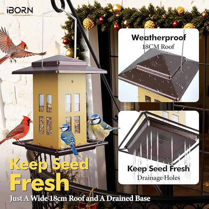 iBorn Bird Feeder for Outdoor Hanging,Metal Bird Feeder Hanging Outside for Cardinal, Double-Sided Hanger Wild Birdfeeder All Metal Constructions, Holds 2.6LB Seed, Muted Yellow,8 Ports