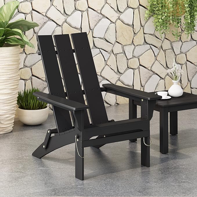 Christopher Knight Home Kaisa Acacia Wood Lounge Chair Outdoor, Foldable Adirondack Chair, Slatted Design Side Chair, Extra Seating for Balcony Backyard Poolside Garden, Weather Resistant, Black