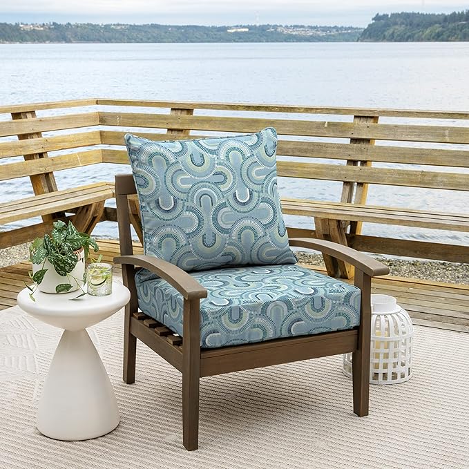 Arden Outdoor Foam Deep Seat Cushion Set, 24 in x 24 in, Weather-Proof, Rain-Proof, Fade Resistant Patio Cushion, Bottom and Back Cushion for Chair, Sofa, and Couch Coastal Blue Geometric