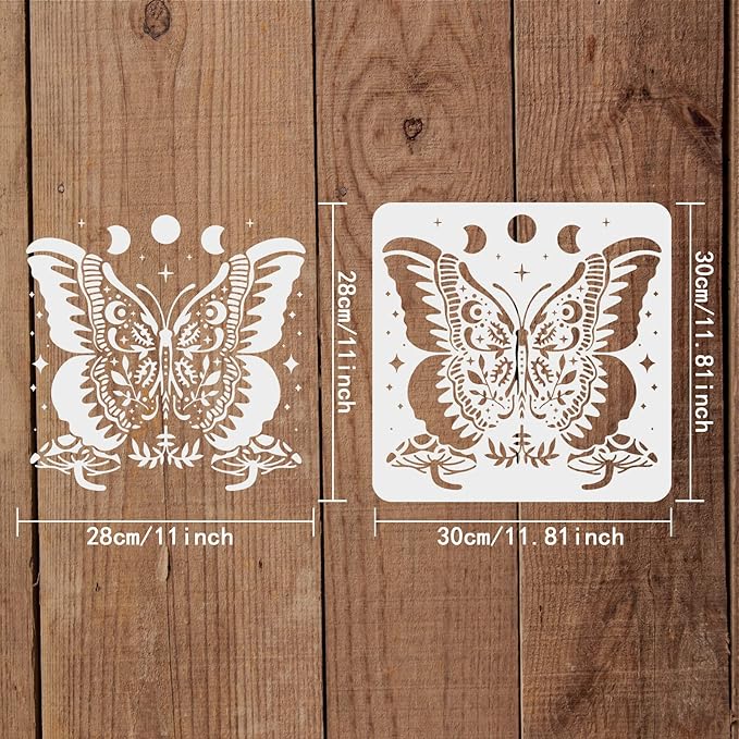 FINGERINSPIRE Butterfly Stencil 11.8x11.8 inch Moon Phase Stencils Plastic Mushroom Stencil Reusable Butterfly Moon Phase Mushroom Stars Pattern Stencils for Painting on Wood, Floor, Wall and Tile