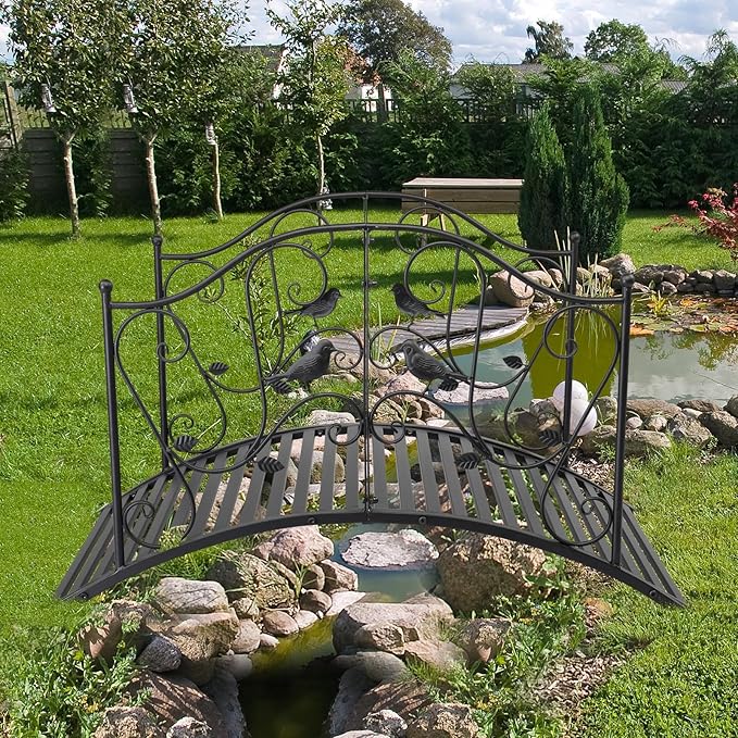 4' Arched Garden Bridge for Outdoors – 47×26×28in Decorative Courtyard Iron Bridge with Bird Pattern Handrail, Black Metal Garden Bridges for Landscaping
