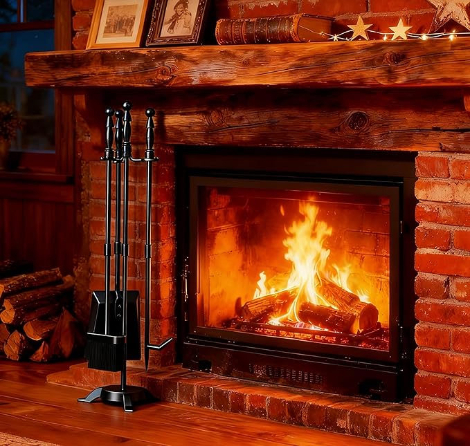 Fire Beauty Fireplace Tools Set 4 Pieces Black Wrought Iron Fire Tool Set for Outdoor/Indoor Include Poker, Shovel, Brush and Stand Accessories Set