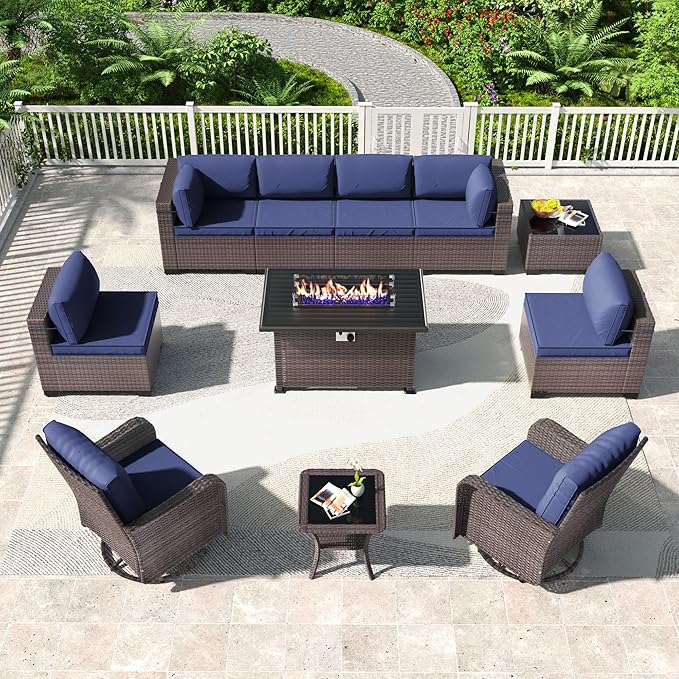 Kullavik 11PCS Outdoor Patio Furniture Set,PE Wicker Rattan Sectional Sofa Patio Conversation Sets with 43" 55000BTU Gas Propane Fire Pit Table,Swivel Rocking Chairs Set,Navy Blue