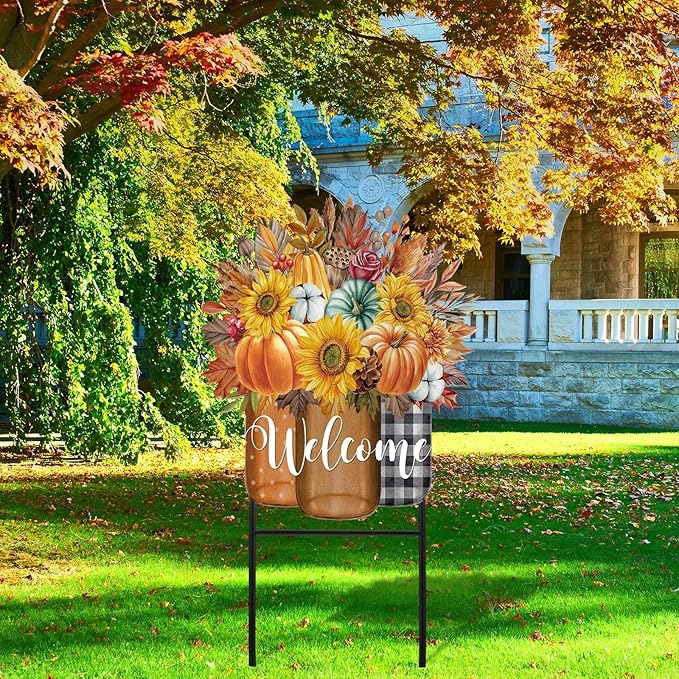 Amyhill 1 Pcs Outdoor Decor Garden Stakes 25 Inch Welcome Yard Signs Decorations Outdoor Decorative Garden Stakes Decorations Patio Lawn Walkway (Fall)