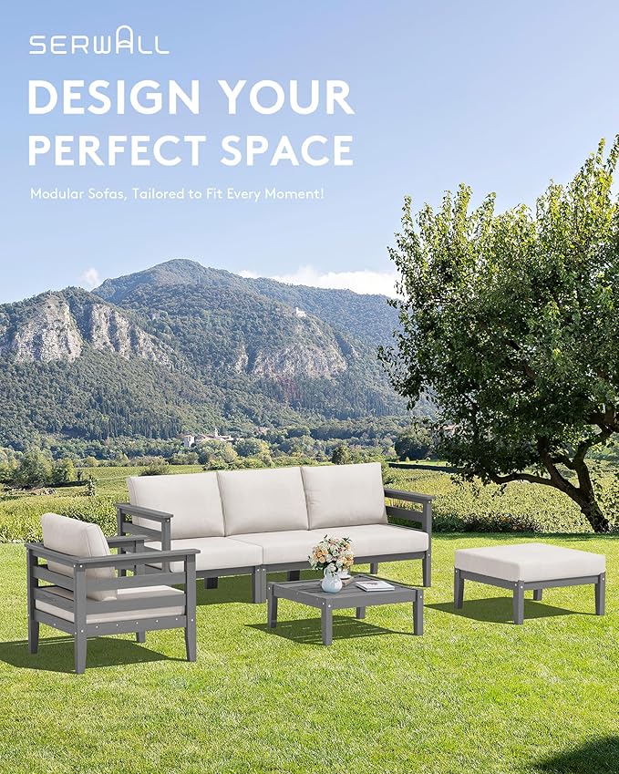 SERWALL HDPE Patio Furniture Set, 6 Pieces Outdoor Sectional Sofa Set, All-Weather Wood-Like Outdoor Sofa Couch with Coffee Table for Deck, Lawn, Grey Frame with Khaki Cushion