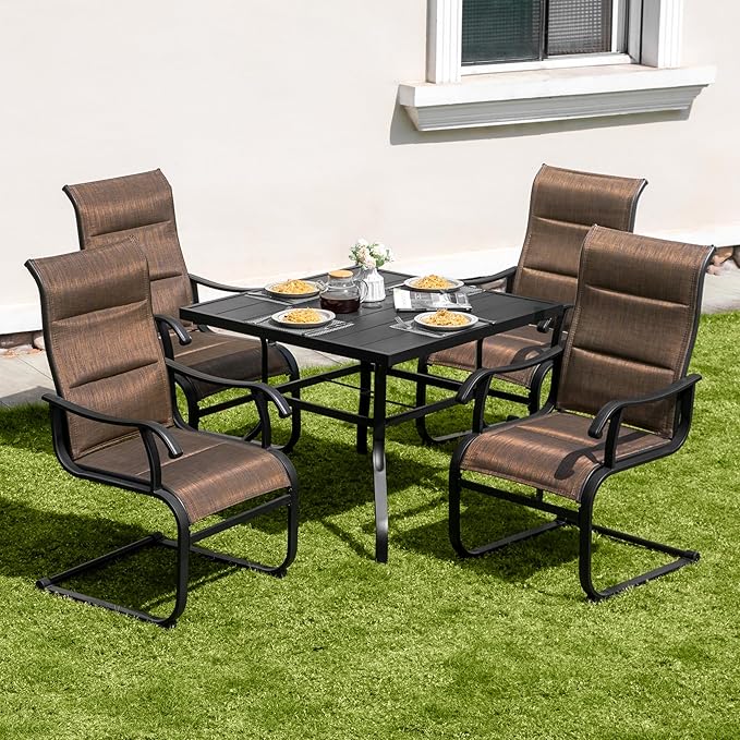 NUU GARDEN 5 Piece Outdoor Dining Set, 4 All Weather Outdoor Padded Textilene Patio Chairs and 37" Square Dining Table with 1.57" Umbrella Hole, for Backyard, Patio, Garden, Brown and Black