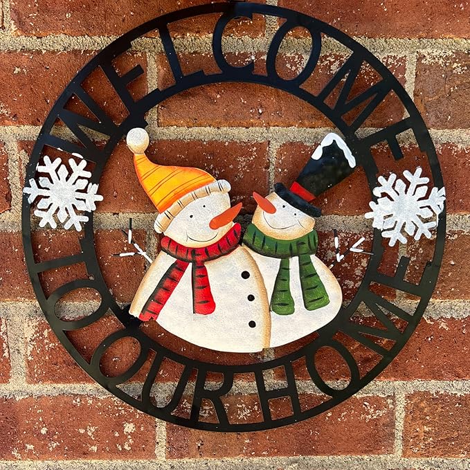 Welcome to Our Home Rustic Metal Snowmen Hanging Welcome Signs Wall Decor Front Door Wreaths Garden Fence Patio Porch Yard Winter Christmas Holiday Indoor Outdoor Decorations 13''H