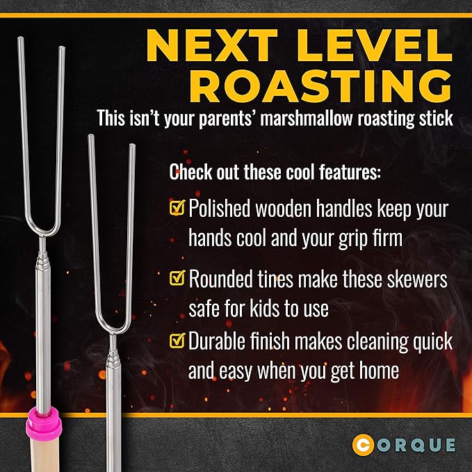 CORQUE Marshmallow Roasting Sticks, Smores Sticks, Extendable, Camping Skewer for Fire Pit, Wooden Handle, 32inch Metal for BBQ Hotdog, Cooking, Campfires, Bonfires, Set of 8