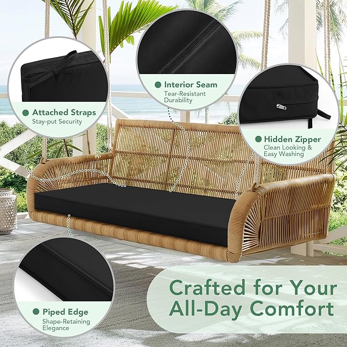 Outdoor Bench Cushion: Waterproof and Fade Resistant Patio Furniture Cushions - Non-Slip Bench Pad Cushion with Removable Cover for Garden Swing Porch Sofa Settee, 59 x 18 Inch, Black