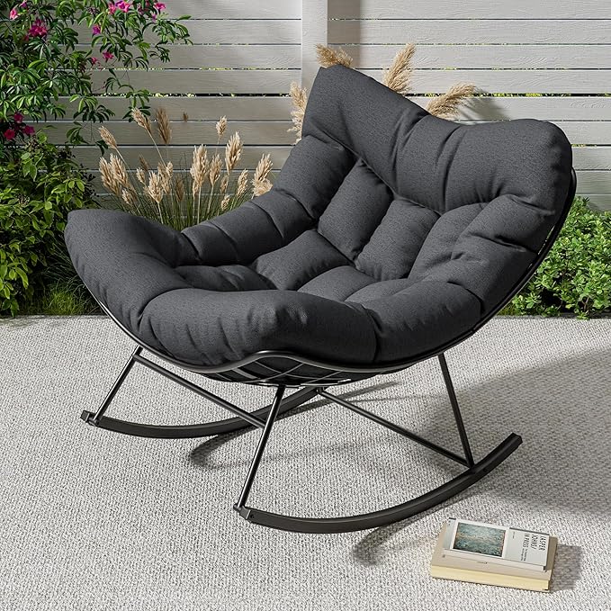 GarveeLife Outdoor Papasan Rocking Chair, Oversized Rocking Chair with Sturdy Metal Frame, Patio Rattan Egg Rocker for Balcony Backyard Porch Bedroom, Grey