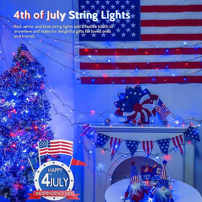woohaha 2 Pack Red White and Blue Solar Lights,Total 400LED 144FT Patriotic Solar String Lights for Outside,Waterproof 4th of July Light for Independence Day,Garden,Tree,Fourth of July Decorations