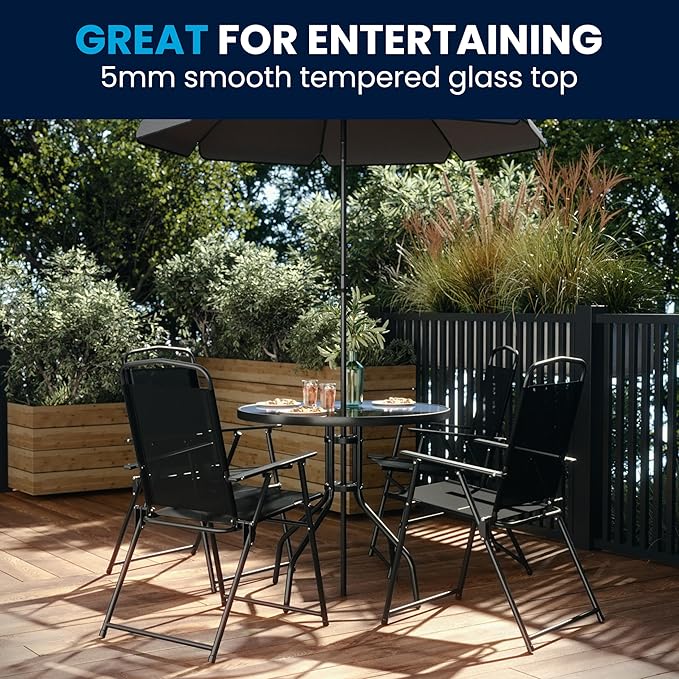 Flash Furniture Nantucket 6-Piece Patio Dining Set with Glass Table, 4 Folding Chairs, and Umbrella, Outdoor Patio Set, Black