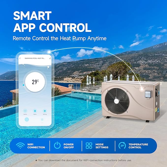 10000gallons Inverter Pool Heaters for Above Ground and Inground Pools, Max 38864BTU Electric Swimming Pool Heat Pumps for 8/15/20 ft Pool, 208V~230V/60Hz, Heating and Cooling Pool Heater