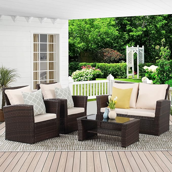 Wisteria Lane 4 Piece Patio Furniture Set, Wicker Outdoor Patio Conversation Furniture Set, All Weather Outdoor Patio Sofa with Cushion and Glass Table, Brown