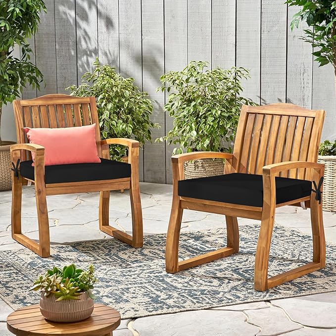 Waterproof Outdoor Chair Cushions Set of 2, Square Outdoor Seat Cushions with Ties and Removable Covers, 19 x 19 Outdoor Cushions for Patio Furniture with Portable Handle(Black)