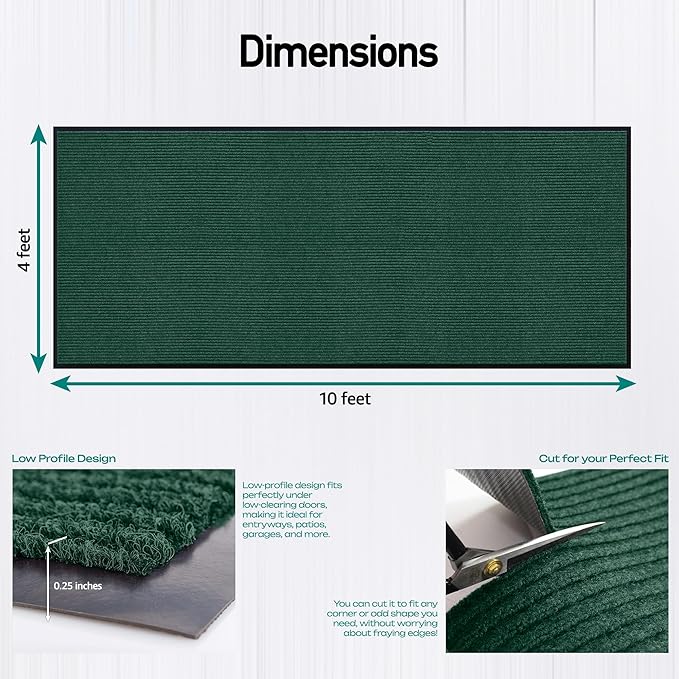 LuxUrux Striped Green Door Mat - Heavy Duty, Indoor/Outdoor, Easy Clean, Waterproof, Low-Profile (4 x 10 Feet) - Ideal for Entry, Patio, Garage - Durable Solution for High Traffic Entrance Ways