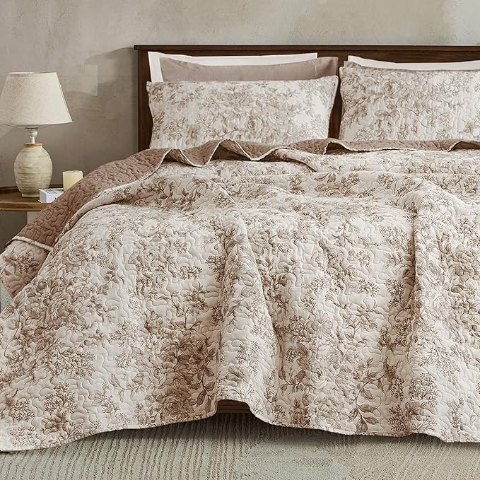 Wonderful Cotton Quilt Set Queen Size Floral Stitch Bedding Set, Taupe Lightweight Bed Cover 3pcs Soft Farmhouse Bedspread Garden Coverlet for All Season