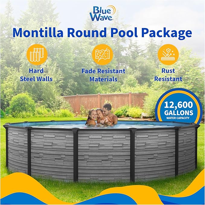 Blue Wave Montilla 24-ft Round 52-in Deep Above Ground Swimming Pool – with Steel Wall & Top Rails, Sand Filter, Overlap Liner, A-Frame Ladder & Maintenance Kit – Complete Outdoor Pool Accessories