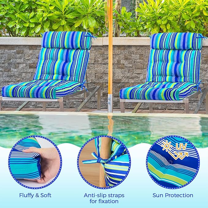 Barydat 4 Pcs Tufted High Back Chair Cushion Indoor Outdoor Seat and Back Cushions Palm Leaves Tropical Plants Lawn Rocking Chair Pads with Ties for Adirondack Patio Garden(Blue Stripes)