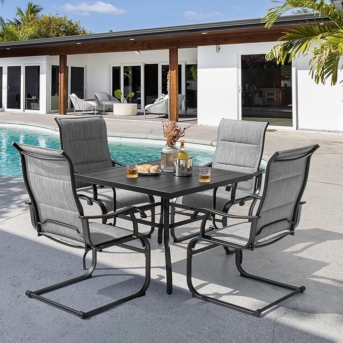 NUU GARDEN 5 Piece Outdoor Dining Set, All Weather Outdoor Padded Textilene Patio Chairs and Square Dining Table with Umbrella Hole for Backyard, Patio, Garden, Deck, Light Grey and Black