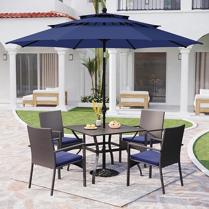 PHI VILLA 5 Piece Outdoor Dining Set with Umbrella, 37" Square Metal Dining Table & Cushioned Rattan Chairs with 10ft Blue Umbrella for Patio, Deck, Yard, Porch