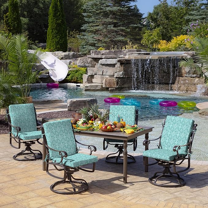 Arden Outdoor Patio Dining Chair Cushion, 20x44, Rain-Proof Seat Pad, Fade-Resistant Outdoor Cushion Turquoise Daphne Medallion