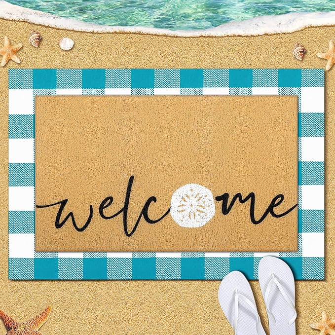 Tinideya 2 Pcs Summer Door Mat Non Slip Wildflower Coastal Hello Sunshine Sweet Home Ocean Pet Welcome Floor Doormat Buffalo Plaid Checked Stripe Mat Seasonal for Front Porch Entryway(Seashells)