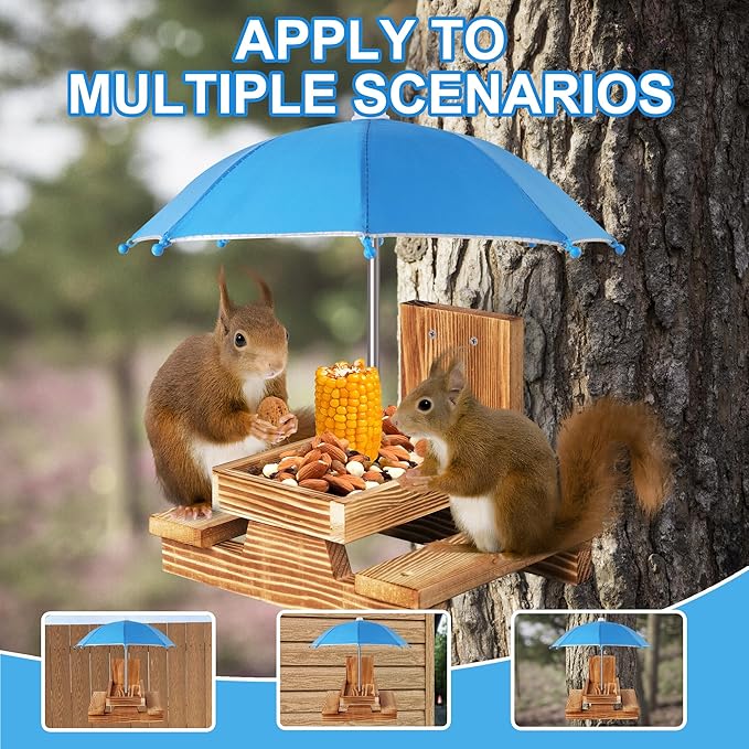 Gnodary Squirrel Feeder with Umbrella, Squirrel Feeders for Outside, Squirrel Picnic Table Feeder - Chipmunk Feeder Hold Corn, Corn Cob, Peanuts Style2 (Light Blue)