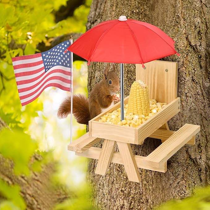 Squirrel Feeder Picnic Table with Umbrella, Wooden Squirrel Feeders for Outside with Corn Cobs Holder Cute Chipmunk Feeder, Easy to Fill with Removable Front Panel