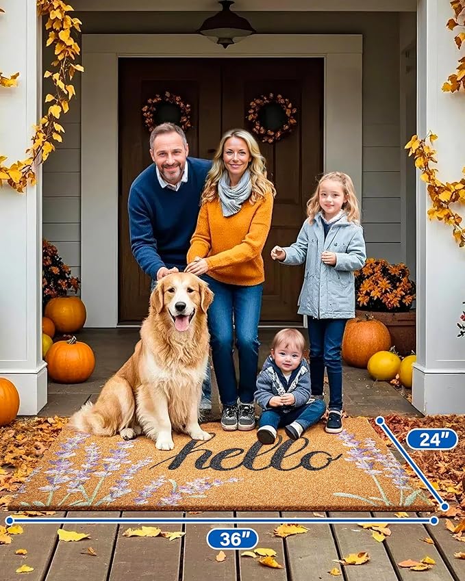 Door Mat Welcome Outdoor Mat: Artificial Coir Doormat for Outdoor Outside Indoor Entrance - Front Door Mat Non-Slip Backing Durable Fall Mat for Home Porch Entryway Floor (Hello Floral, 24"x 36")