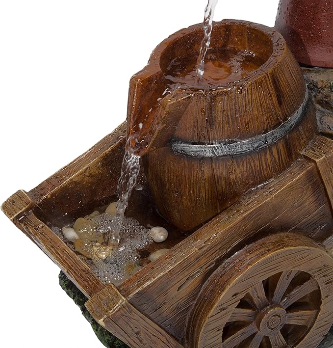 Alpine Corporation ZEN276S Outdoor Vintage Water Pump and Wheelbarrow Floor Fountain - Calming Water Flow, 23 Inch Tall, Brown