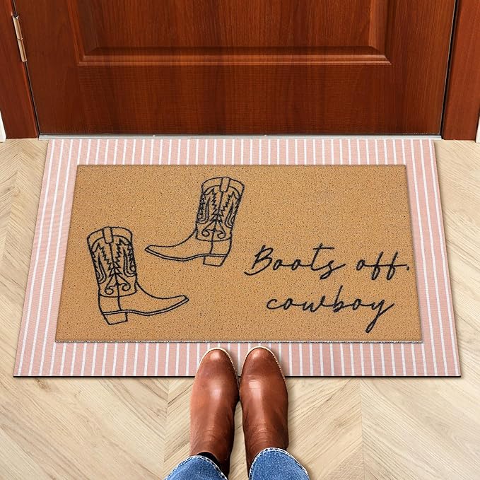Tinideya 2 Pcs Fall Door Mat Western Cowboy Welcome Non Slip Coir Mats Pink Stripe Floor Layering Doormats Seasonal for Front Porch Entryway Decor(Cowboy)